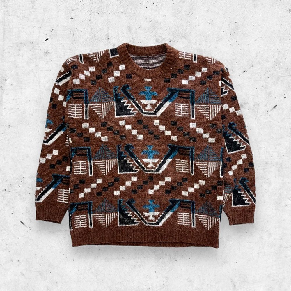 Vtg 80s 90s Abstract Geometric Print Sweater, Acrylic, USA Made, Dad Grandpa, XL